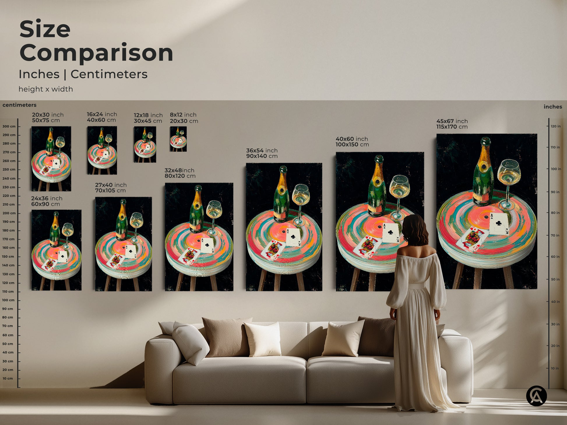 Size comparison of the Impressionistic still life canvas print. See how the artwork fits in different spaces. The luxury home bar decor and sophisticated game room art.