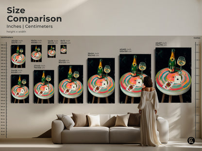 Size comparison of the Impressionistic still life canvas print. See how the artwork fits in different spaces. The luxury home bar decor and sophisticated game room art.