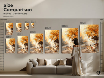 Size comparison of autumn artwork in inches and centimeters. See how different sizes fit above a sofa. This canvas or poster print brings an artistic touch to your living room decor.