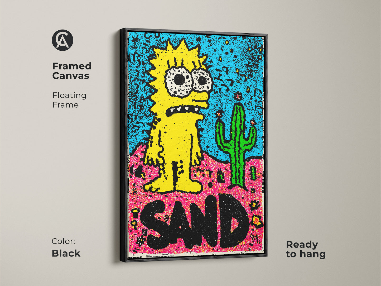 Black Framed Canvas Simpsons Inspired Art. This floating frame enhances the artwork of a yellow cartoon character and cactus. The framed art is ready to hang adding a modern touch.
