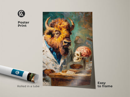A captivating artwork shows a bison head scientist wearing a lab coat. The animal is placed next to a human skull with a brain. It is an oil painting style poster print. The artwork is rolled in a tube and easy to frame.