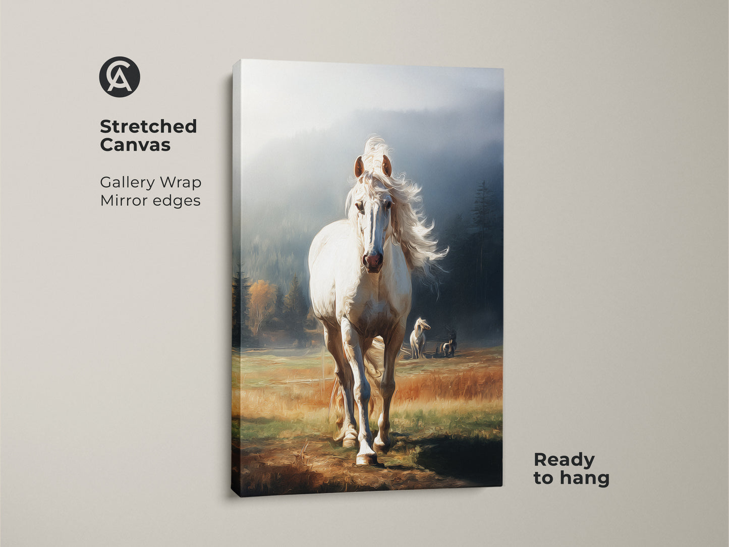 Stretched canvas gallery wrap of a white horse. The realistic animal artwork features mirror edges. The rustic farmhouse decor is ready to hang. It showcases a golden yellow and misty blue landscape.