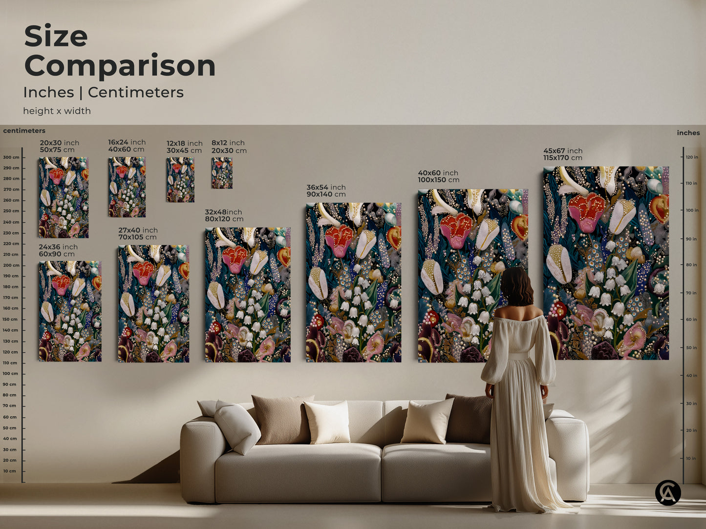 Size comparison of Lily of the Valley and Tulips floral artwork. See how various sizes fit above a sofa. Options range from small to extra-large. Perfect for eclectic home decor and plant enthusiasts seeking botanical embroidery art. Choose the ideal canvas or poster for your space.