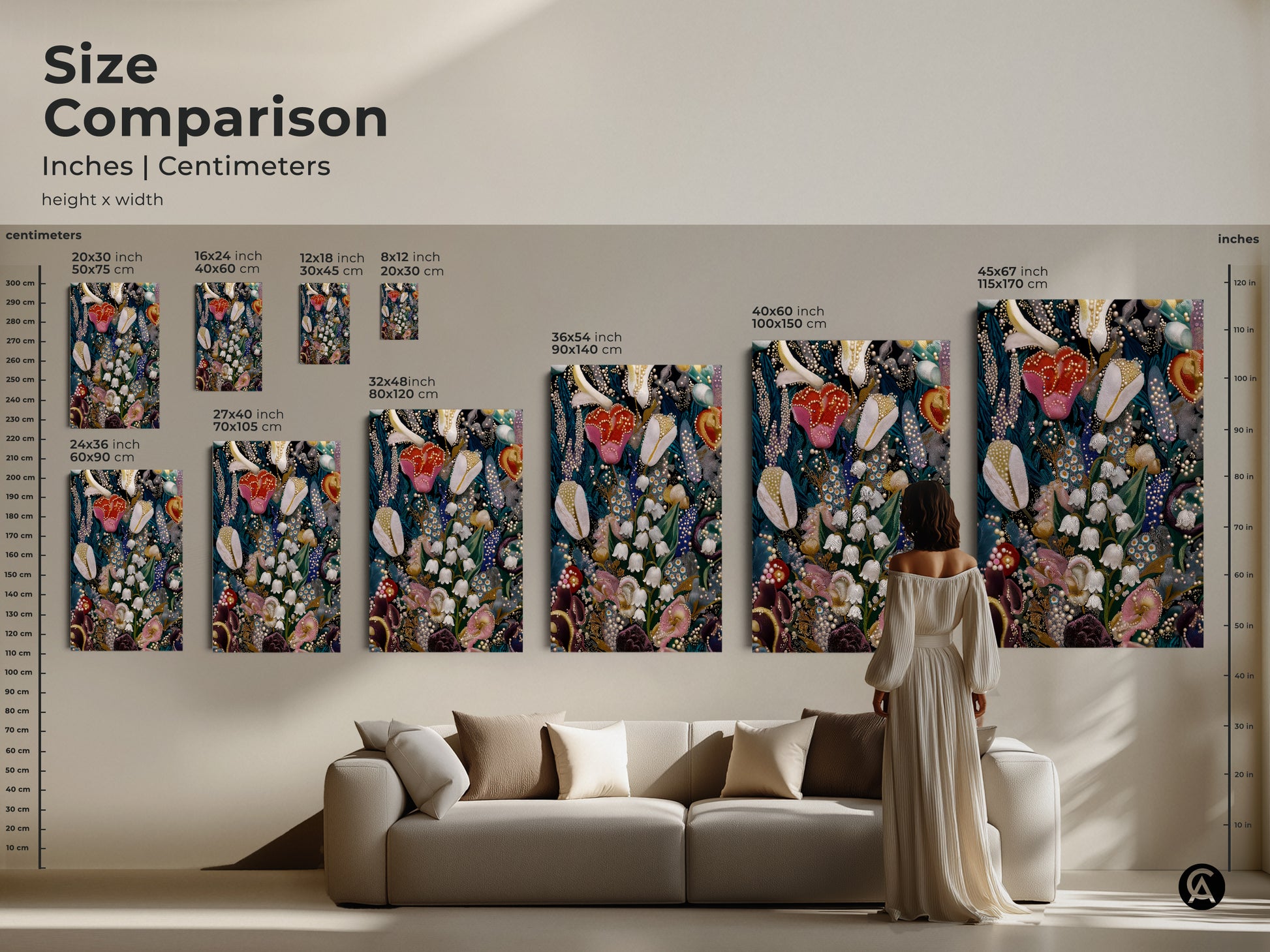 Size comparison of Lily of the Valley and Tulips floral artwork. See how various sizes fit above a sofa. Options range from small to extra-large. Perfect for eclectic home decor and plant enthusiasts seeking botanical embroidery art. Choose the ideal canvas or poster for your space.