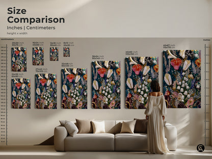 Size comparison of Lily of the Valley and Tulips floral artwork. See how various sizes fit above a sofa. Options range from small to extra-large. Perfect for eclectic home decor and plant enthusiasts seeking botanical embroidery art. Choose the ideal canvas or poster for your space.