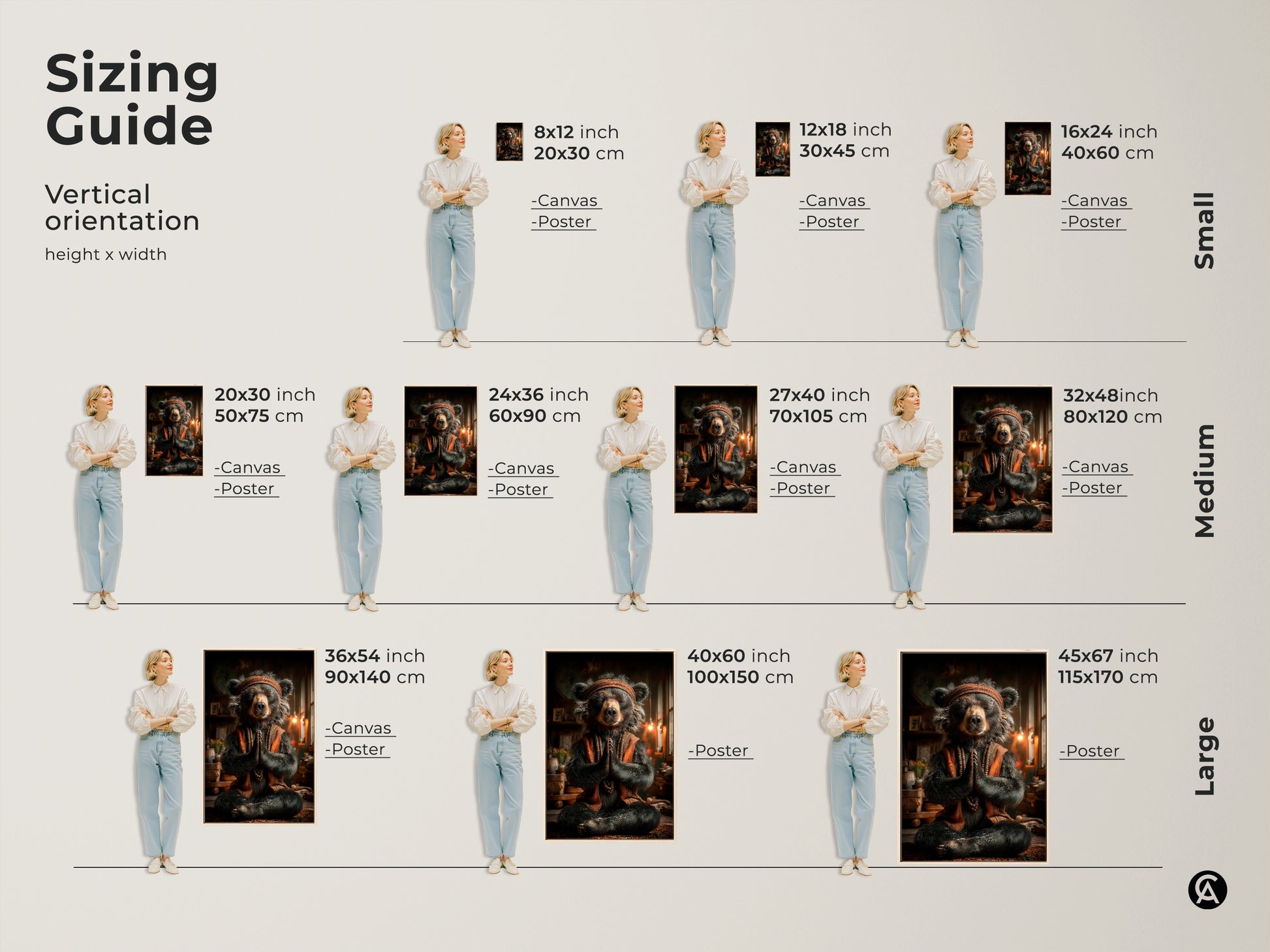 Sizing Guide for vertical orientation. See canvas and poster options in sizes from small to large. Artwork showcases a meditating bear. Perfect for any home decor or spiritual space. Different size options.