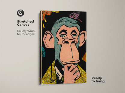 Stretched canvas print showcasing a Bored Ape NFT artwork. The gallery wrap with mirror edges provides a clean look. Ready to hang and easy to display this art is perfect for modern art lovers. A unique piece for any NFT enthusiast.