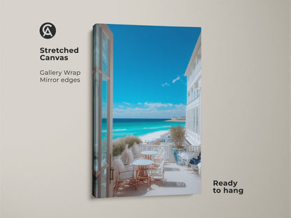 Stretched canvas art showcasing a picturesque beach scene. The art has a gallery wrap with mirror edges. This ready-to-hang piece offers a stunning ocean vista from a charming balcony.