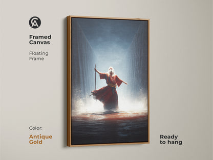 Experience the Moses parting Red Sea artwork in a framed canvas. The floating frame is antique gold and ready to hang. The crimson and gold hues create a dramatic effect. This is perfect for religious wall decor.