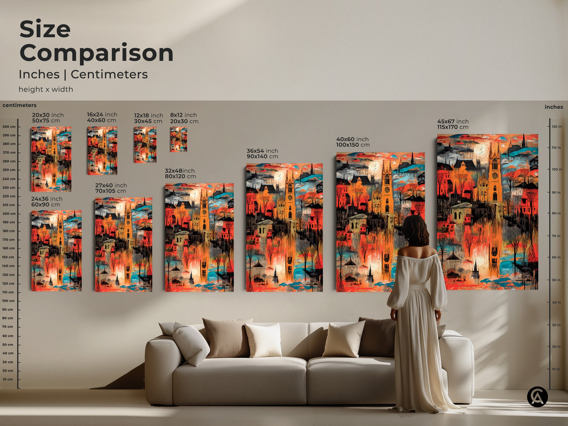 Compare sizes of this abstract cityscape art print with this size comparison chart in inches and centimeters. The gothic building artwork in orange teal and red is shown as canvas or poster in various sizes for perfect home decor.