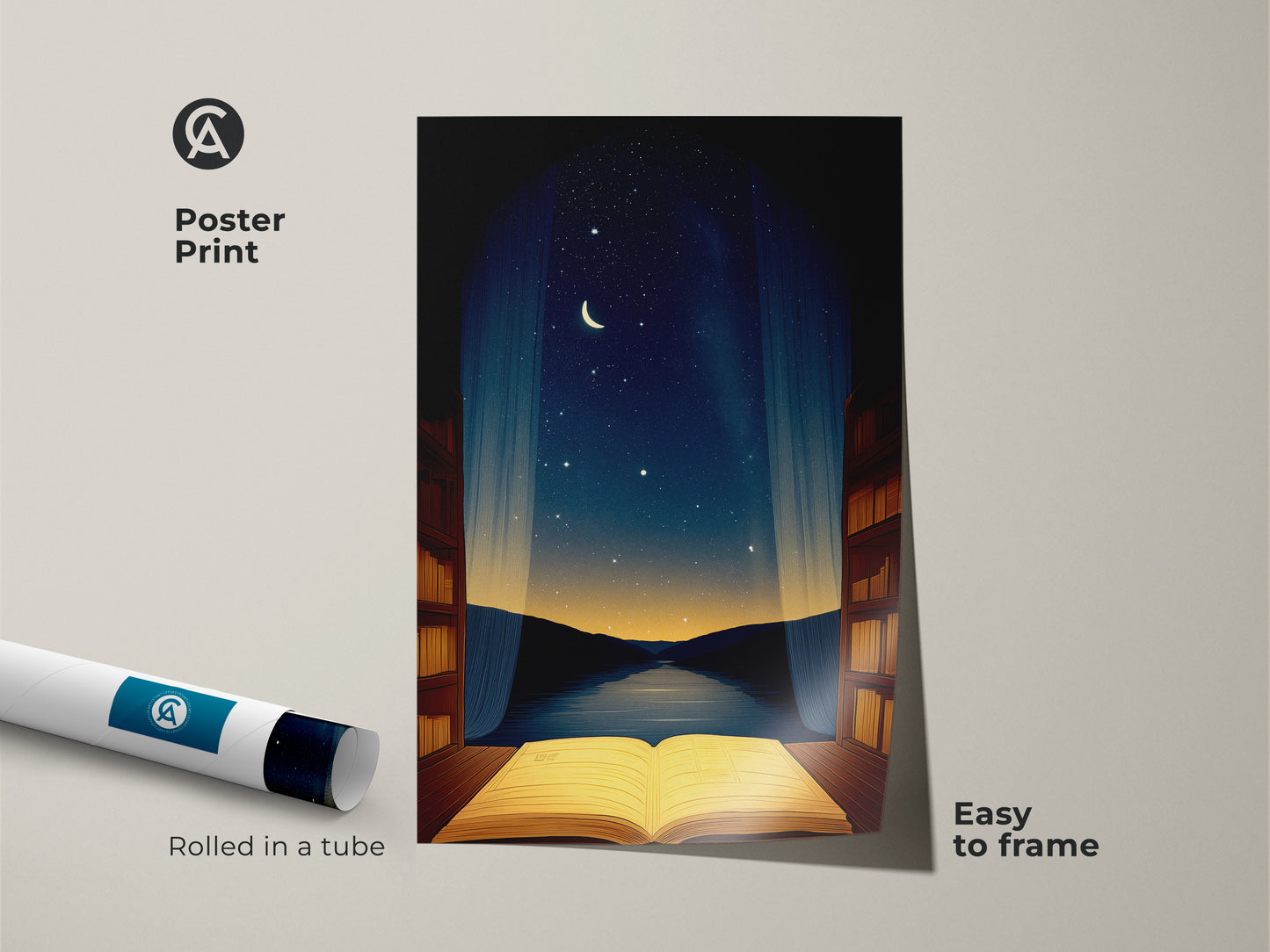 Poster print showcasing an open book under a starry night. This literary-inspired art is easy to frame. Perfect for adding a dreamlike touch to your home or office. This surreal moon and stars wall art is rolled in a tube for protection.