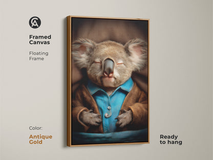 Antique Gold framed canvas of a sleeping koala. This floating frame art is ready to hang. The realistic animal print adds a touch of charm to any room. Warm brown and blue tones create a soothing effect. It serves as a heartwarming gift for new parents. Perfect for eclectic animal art lovers.