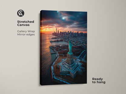 This is a stretched canvas gallery wrap featuring the Statue of Liberty. The mirror edges add depth. The artwork shows the NYC skyline at sunset. Ready to hang this canvas brings iconic art to your walls effortlessly.