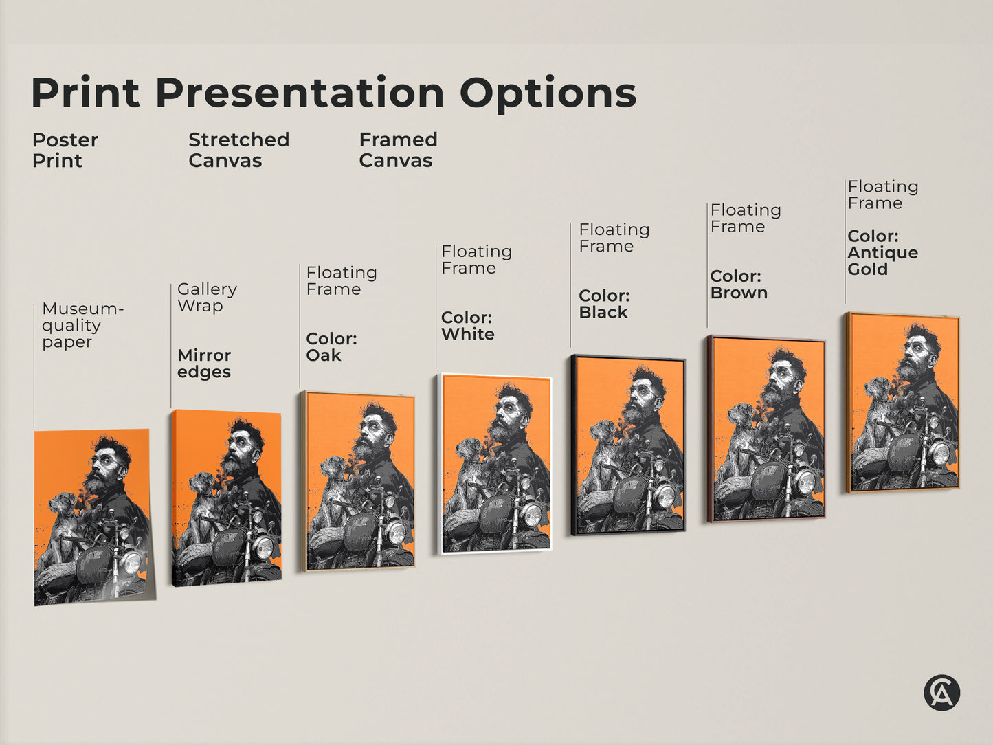 Explore print presentation options for retro biker artwork. See how the man and dog on a motorcycle art looks as a poster print stretched canvas or framed canvas. Visualize various floating frame colors from oak to antique gold for your wall art.
