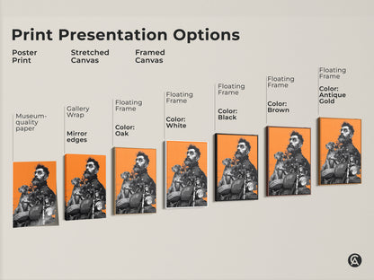 Explore print presentation options for retro biker artwork. See how the man and dog on a motorcycle art looks as a poster print stretched canvas or framed canvas. Visualize various floating frame colors from oak to antique gold for your wall art.