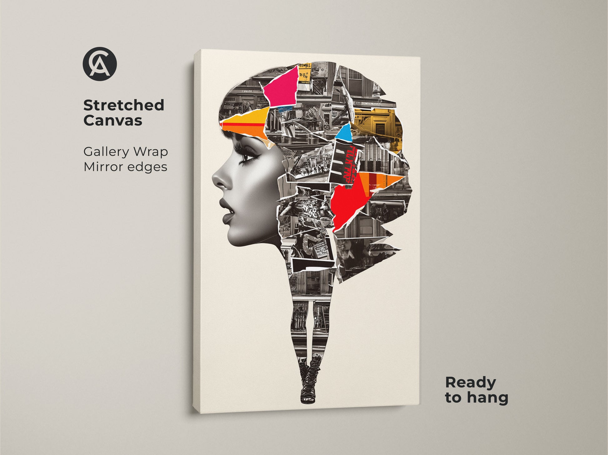 Stretched canvas featuring an Abstract Woman Portrait. The urban mixed media wall artwork showcases a crimson cobalt blue portrait. This contemporary fashion art adds style to any room. A unique abstract cityscape print for modern homes.