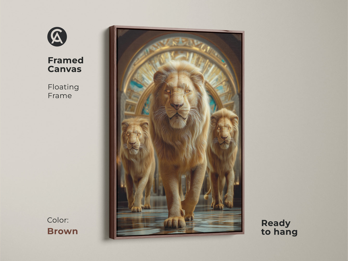 A framed canvas features a photorealistic amber toned golden lion with a floating frame. The regal animal portrait canvas makes a great housewarming gift. This animal kingdom decor is ready to hang. The frame is brown.