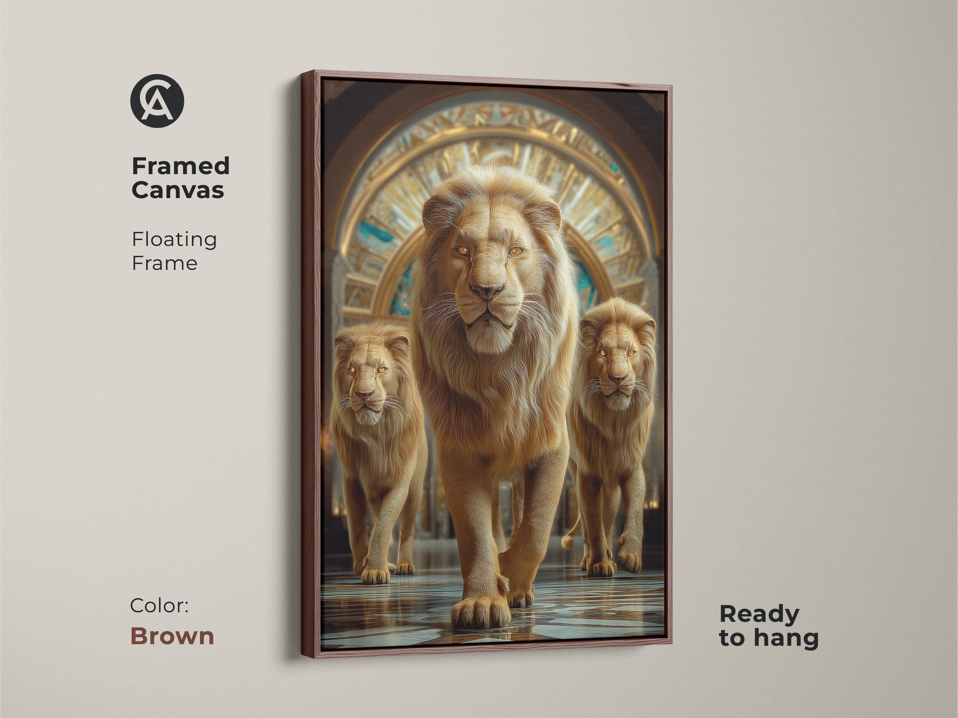 A framed canvas features a photorealistic amber toned golden lion with a floating frame. The regal animal portrait canvas makes a great housewarming gift. This animal kingdom decor is ready to hang. The frame is brown.