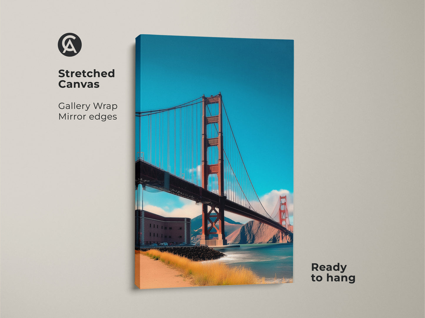 Stretched canvas print of San Francisco's Golden Gate Bridge. The gallery wrap features mirror edges and is ready to hang. A vibrant addition to contemporary spaces travel lovers.