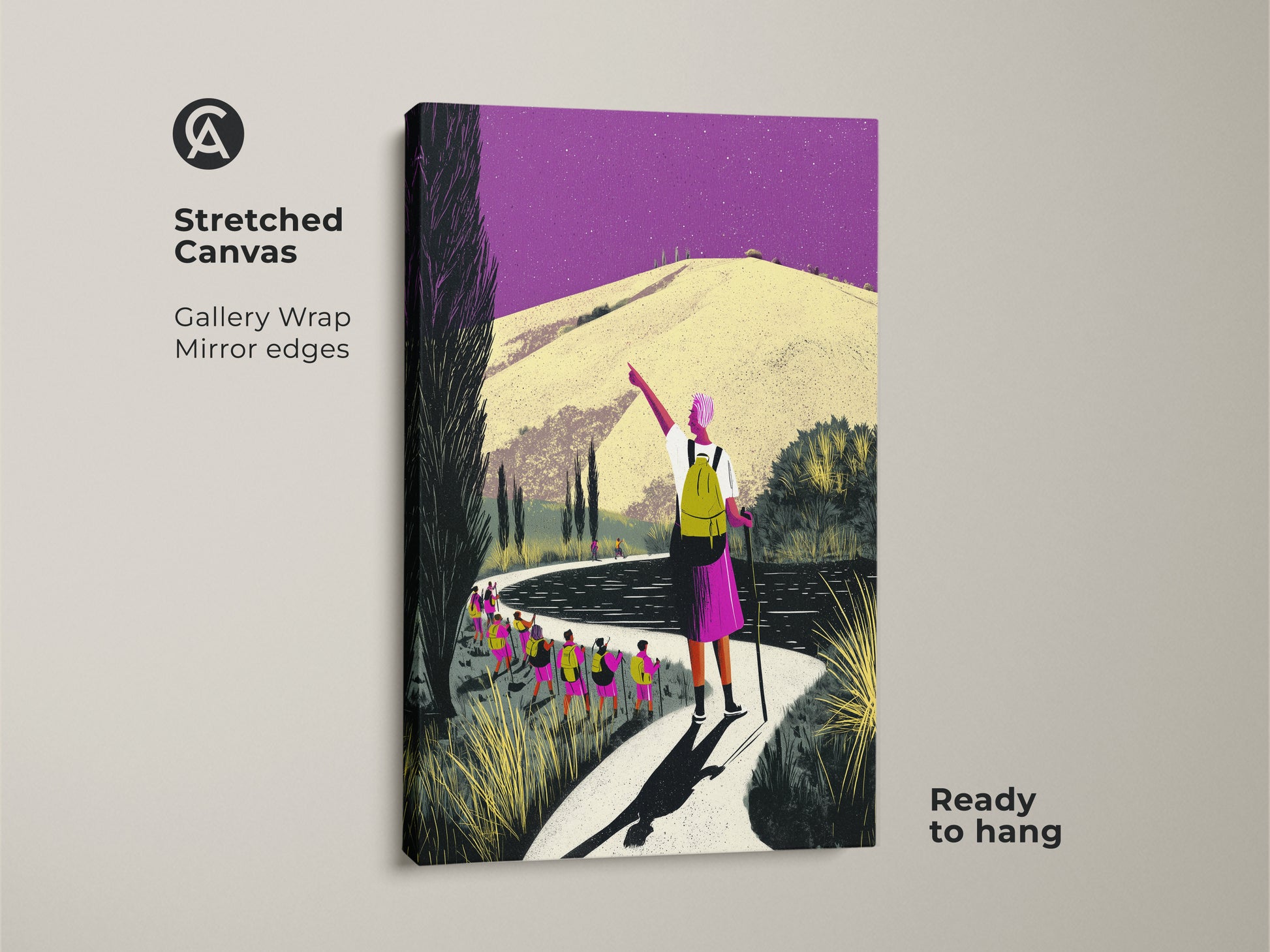 Stretched canvas print featuring a vibrant hiking scene. The gallery wrap showcases a boho mountain landscape artwork with mirror edges. Ready to hang this colorful outdoor poster brings adventure to any room. Ideal gift for hikers.
