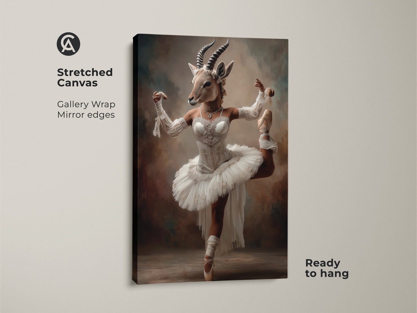 Stretched Canvas print featuring a ballerina gazelle. The artwork is Balletcore animal wall art. This gallery-wrapped canvas is ready to hang. It is ideal for adding a touch of surrealism to a bedroom or living room. Perfect eclectic bedroom decor gift.