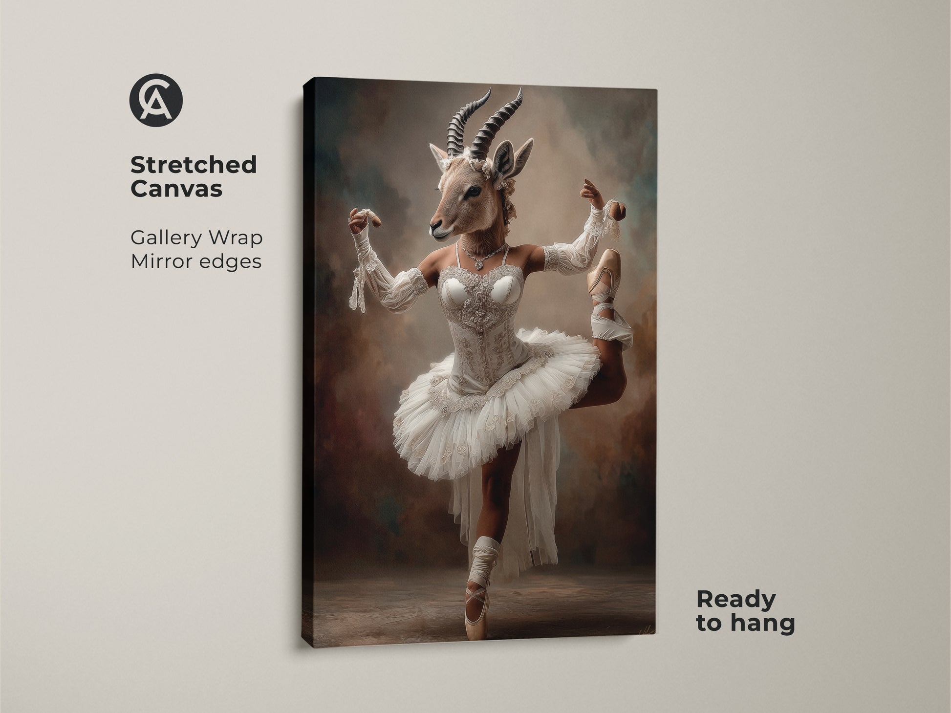 Stretched Canvas print featuring a ballerina gazelle. The artwork is Balletcore animal wall art. This gallery-wrapped canvas is ready to hang. It is ideal for adding a touch of surrealism to a bedroom or living room. Perfect eclectic bedroom decor gift.