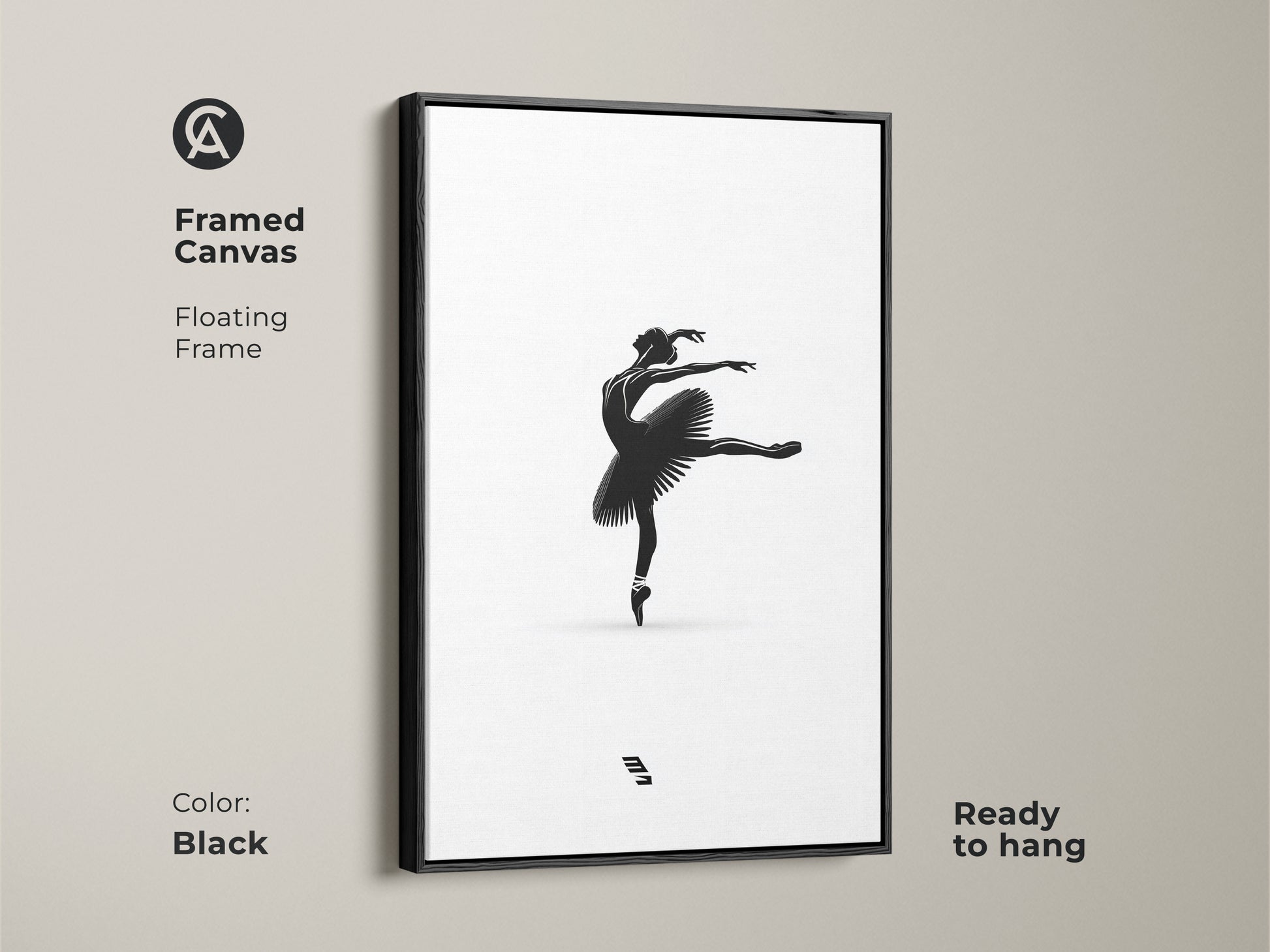 Framed canvas featuring minimalist ballerina artwork. Black floating frame enhances the black and white dancer print. Elegant ballet pose wall art that is ready to hang. Modern monochrome artwork perfect as bedroom wall decor.