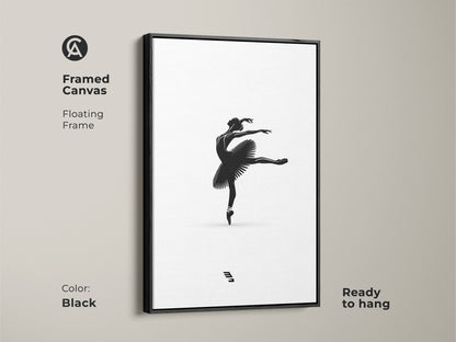 Framed canvas featuring minimalist ballerina artwork. Black floating frame enhances the black and white dancer print. Elegant ballet pose wall art that is ready to hang. Modern monochrome artwork perfect as bedroom wall decor.