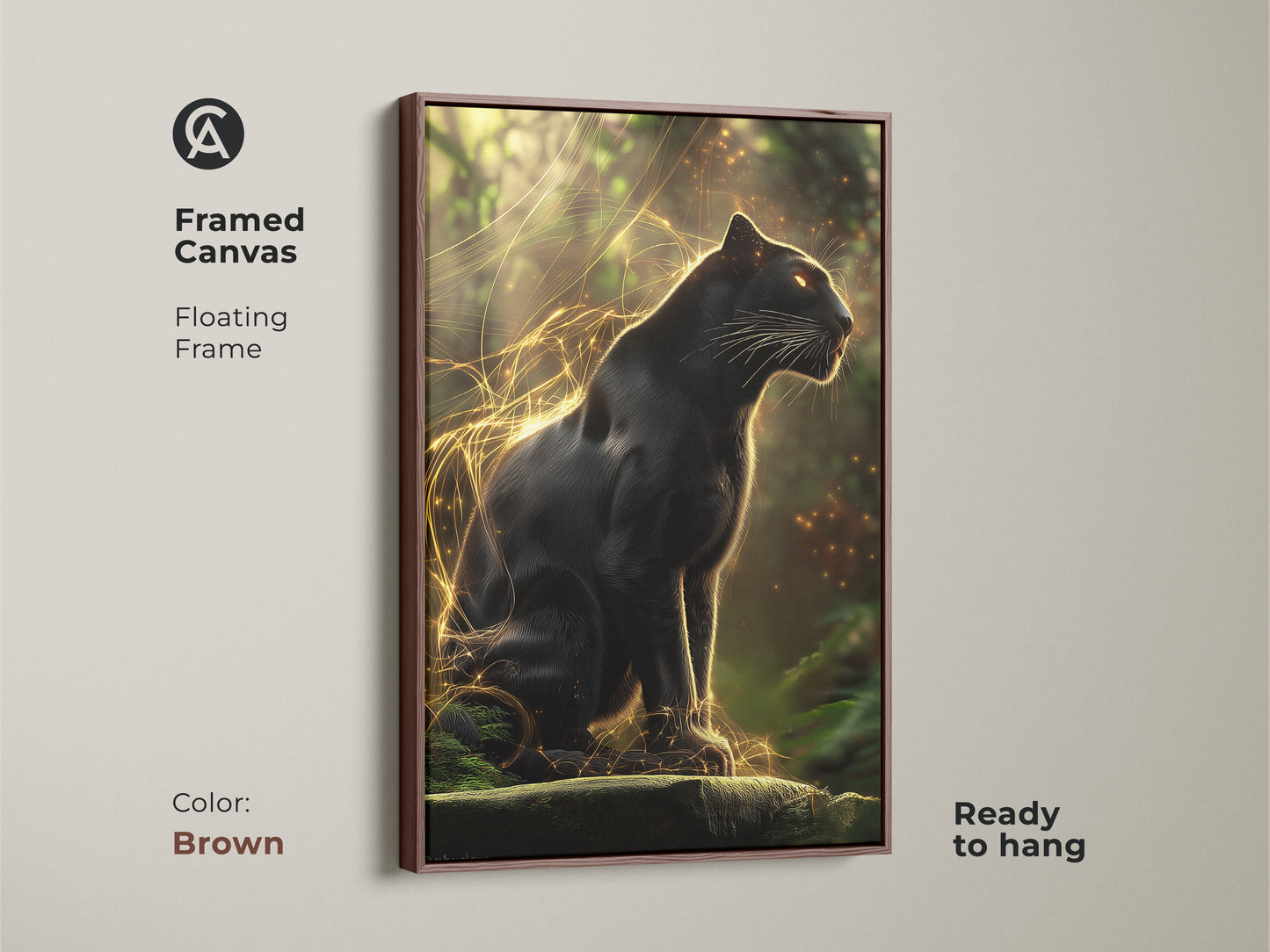 Framed canvas with the Black Panther art. This gold jungle cat artwork includes a floating frame. It is ready to hang. The wildlife canvas adds a touch of elegance to eclectic decor. Its brown frame enhances any room.
