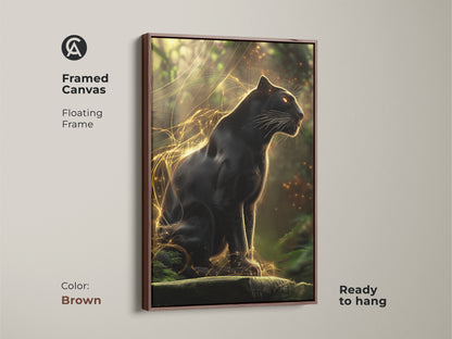 Framed canvas with the Black Panther art. This gold jungle cat artwork includes a floating frame. It is ready to hang. The wildlife canvas adds a touch of elegance to eclectic decor. Its brown frame enhances any room.