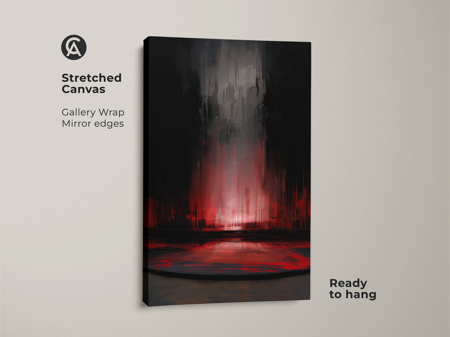 Stretched canvas print of crimson red abstract wall art. This gallery-wrapped print has mirror edges. It showcases a textured acrylic style with dark grey accents. Ready to hang this contemporary art piece will enhance your bedroom decor. Great for adding modern abstract art to any office space.