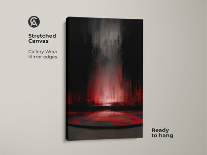 Stretched canvas print of crimson red abstract wall art. This gallery-wrapped print has mirror edges. It showcases a textured acrylic style with dark grey accents. Ready to hang this contemporary art piece will enhance your bedroom decor. Great for adding modern abstract art to any office space.