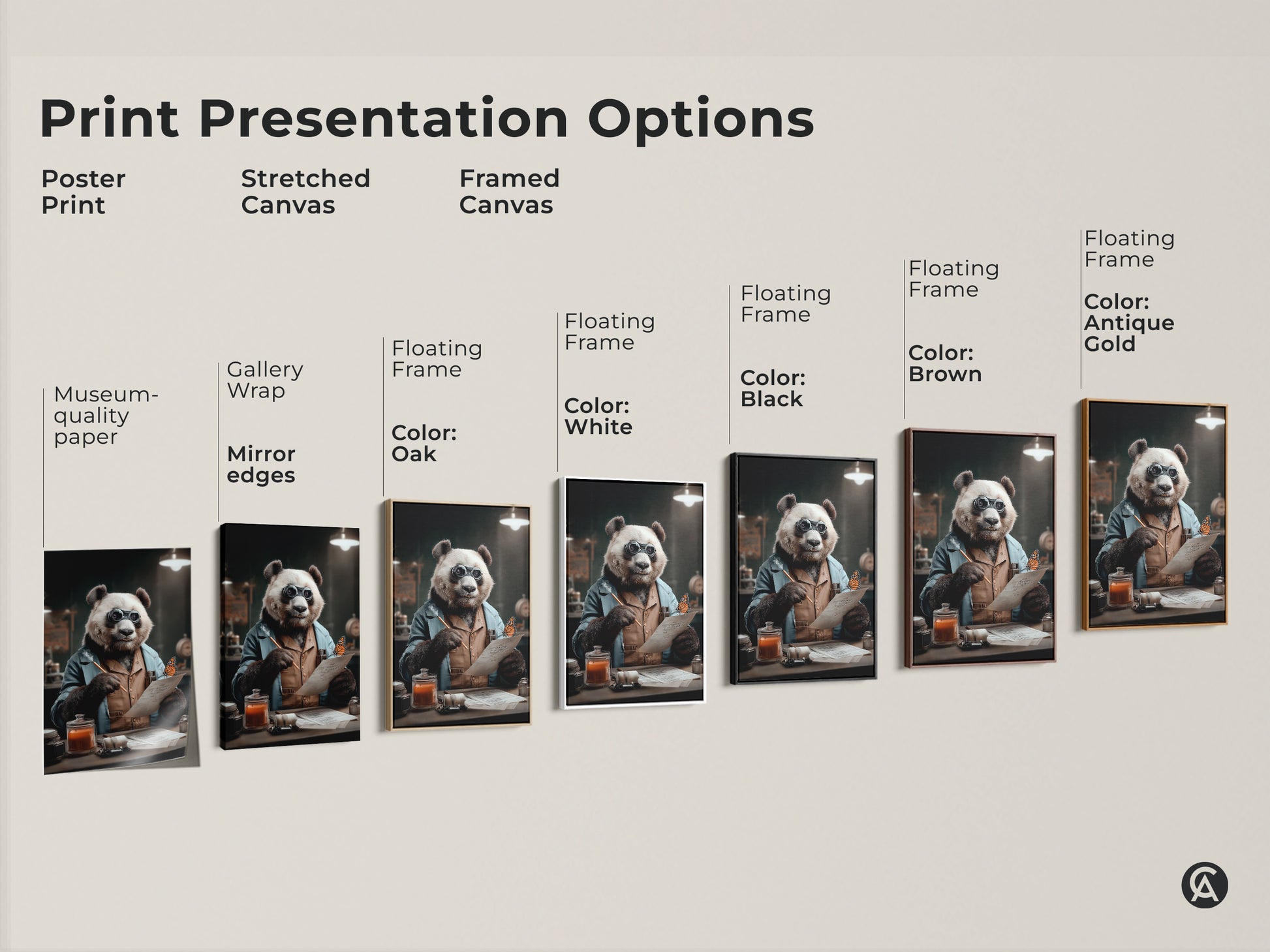 Print presentation options for panda artwork. It's available as a poster print or stretched canvas. Framed canvas options include black brown oak white and gold. See all the unique options for this panda scientist wall art.