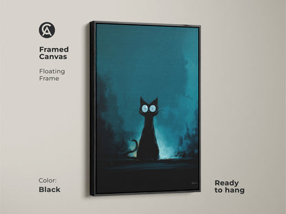 A framed canvas in a black floating frame featuring a black cat art print. This big eyes cat artwork has a dark fantasy style with a deep teal background. Ready to hang and ideal as a gift for black cat owners. Spooky home decor art.