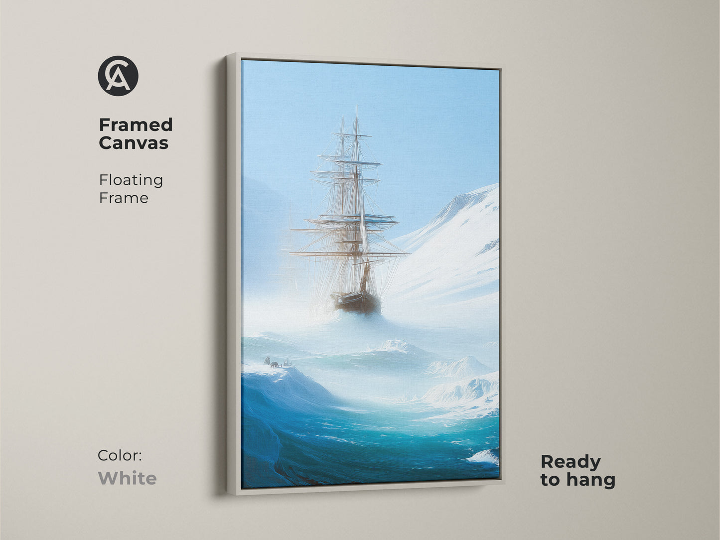 This framed canvas displays a tall ship in an iceberg sea. The white floating frame complements the deep blue nautical art. This ready-to-hang print is ideal for a home office adding a nautical theme. It serves as an adventurous explorer gift and a piece of maritime history.