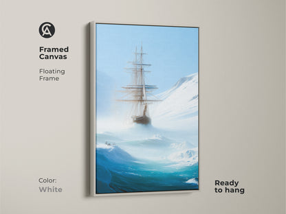 This framed canvas displays a tall ship in an iceberg sea. The white floating frame complements the deep blue nautical art. This ready-to-hang print is ideal for a home office adding a nautical theme. It serves as an adventurous explorer gift and a piece of maritime history.