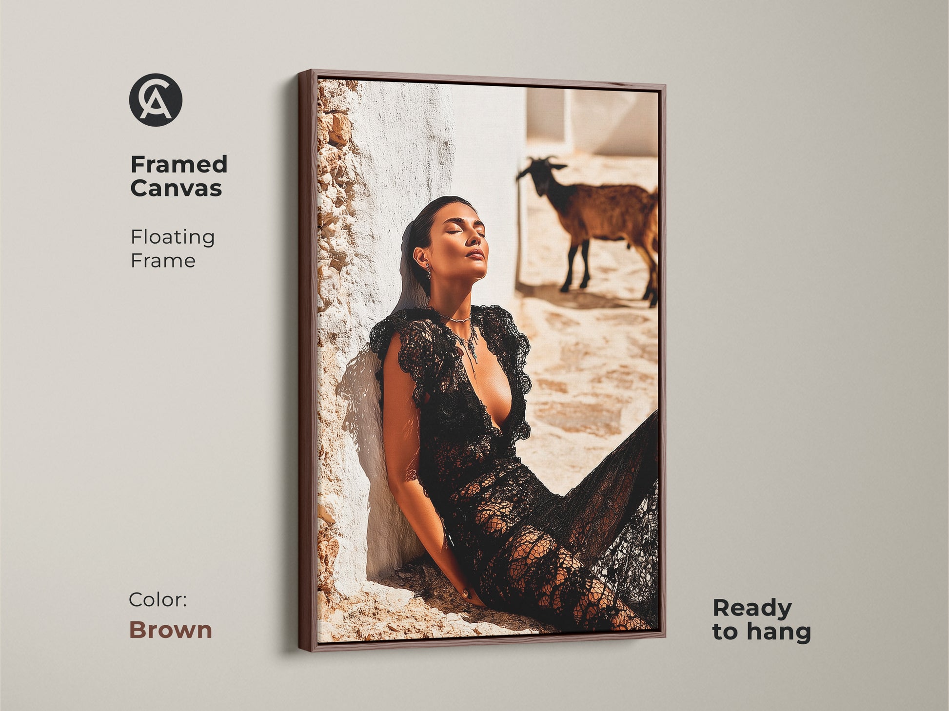 Framed Canvas with a floating brown frame. The artwork shows fashion photography. Woman in black lace dress with a goat is featured. This artwork is ready to hang and brings an eclectic touch. Adds a distinctive style for housewarming. Perfect wall decor for contemporary interiors.