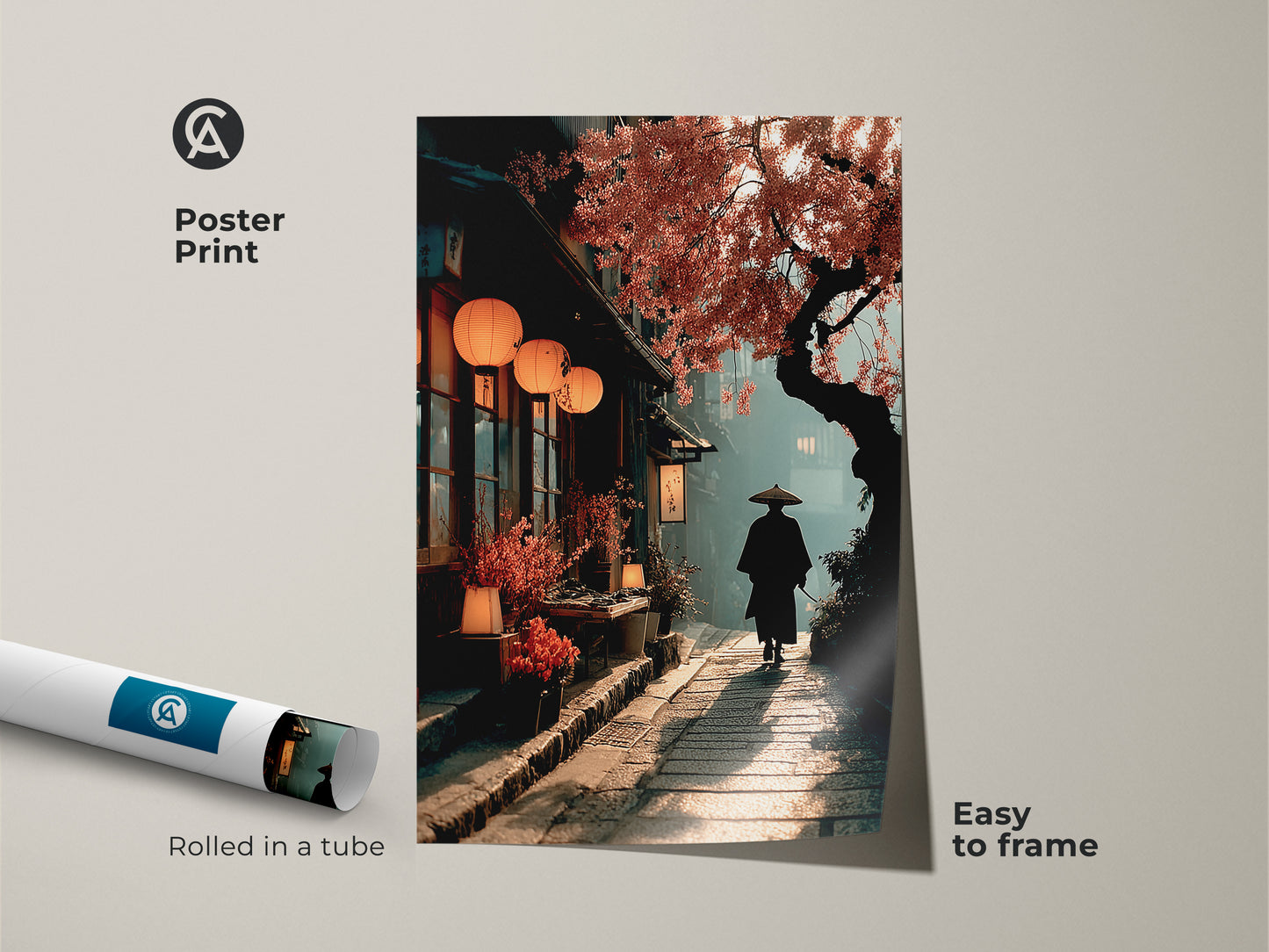 Capture the essence of Japan with this Japanese street scene canvas poster print. It shows a solitary samurai beneath blooming cherry blossoms. Rolled in a tube and easy to frame. It's ideal for those who love nature themed wall decor. The warm orange and deep brown hues create an inviting aesthetic.