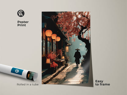 Capture the essence of Japan with this Japanese street scene canvas poster print. It shows a solitary samurai beneath blooming cherry blossoms. Rolled in a tube and easy to frame. It's ideal for those who love nature themed wall decor. The warm orange and deep brown hues create an inviting aesthetic.