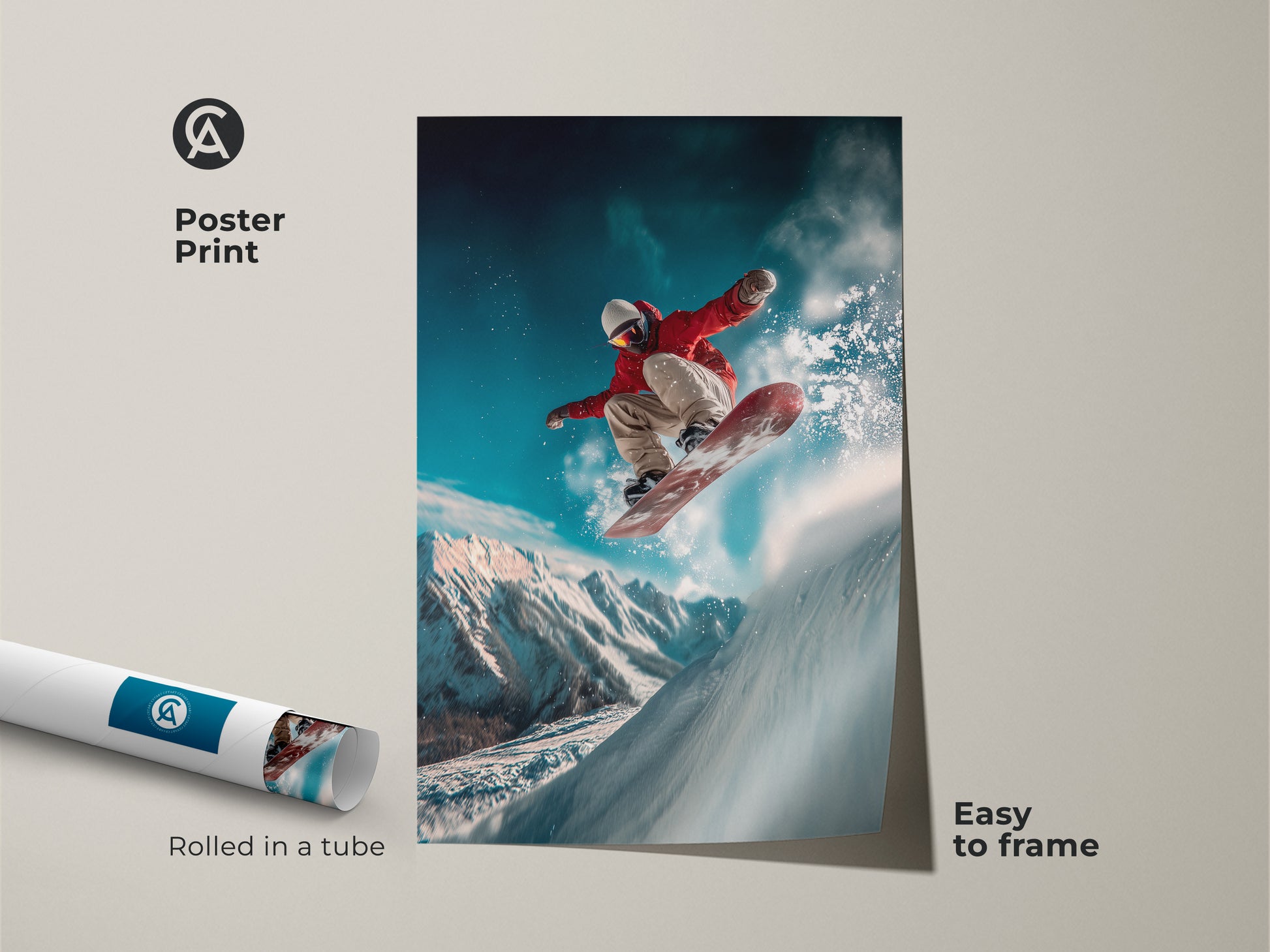 This poster print captures a snowboarder in action. The artwork is rolled in a protective tube making it easy to frame. Add an adventurous spirit to your decor with this vibrant snowboarder art.