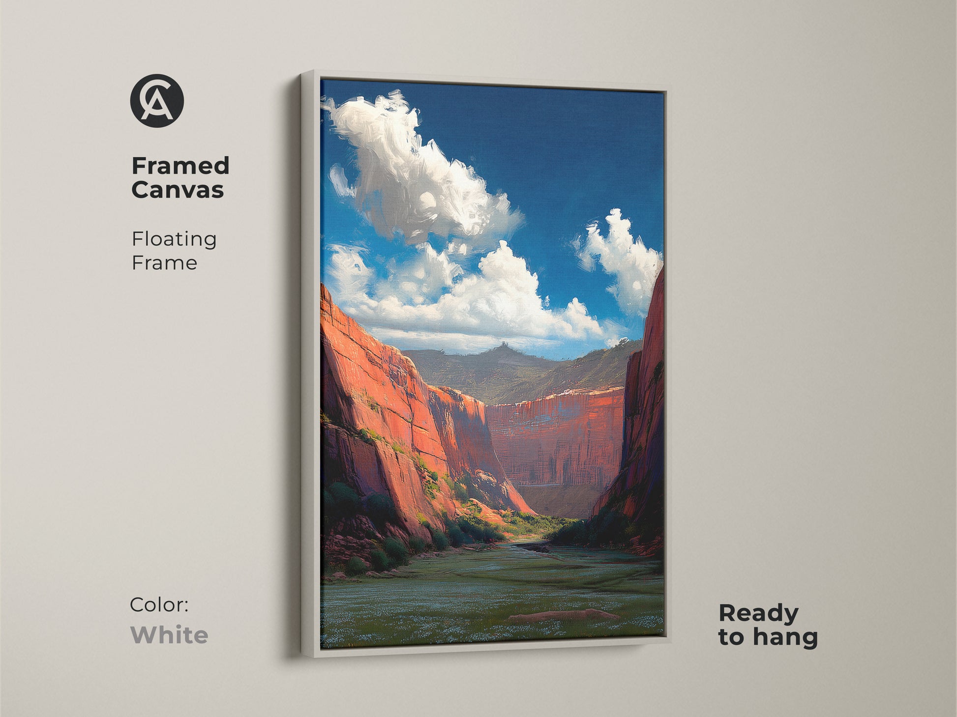 A framed canvas print featuring a red rock canyon landscape art. The white floating frame enhances the vibrant colors of this impressionistic nature artwork. This scenic nature art is ready to hang. It is the perfect addition to any nature-inspired wall hanging collection.