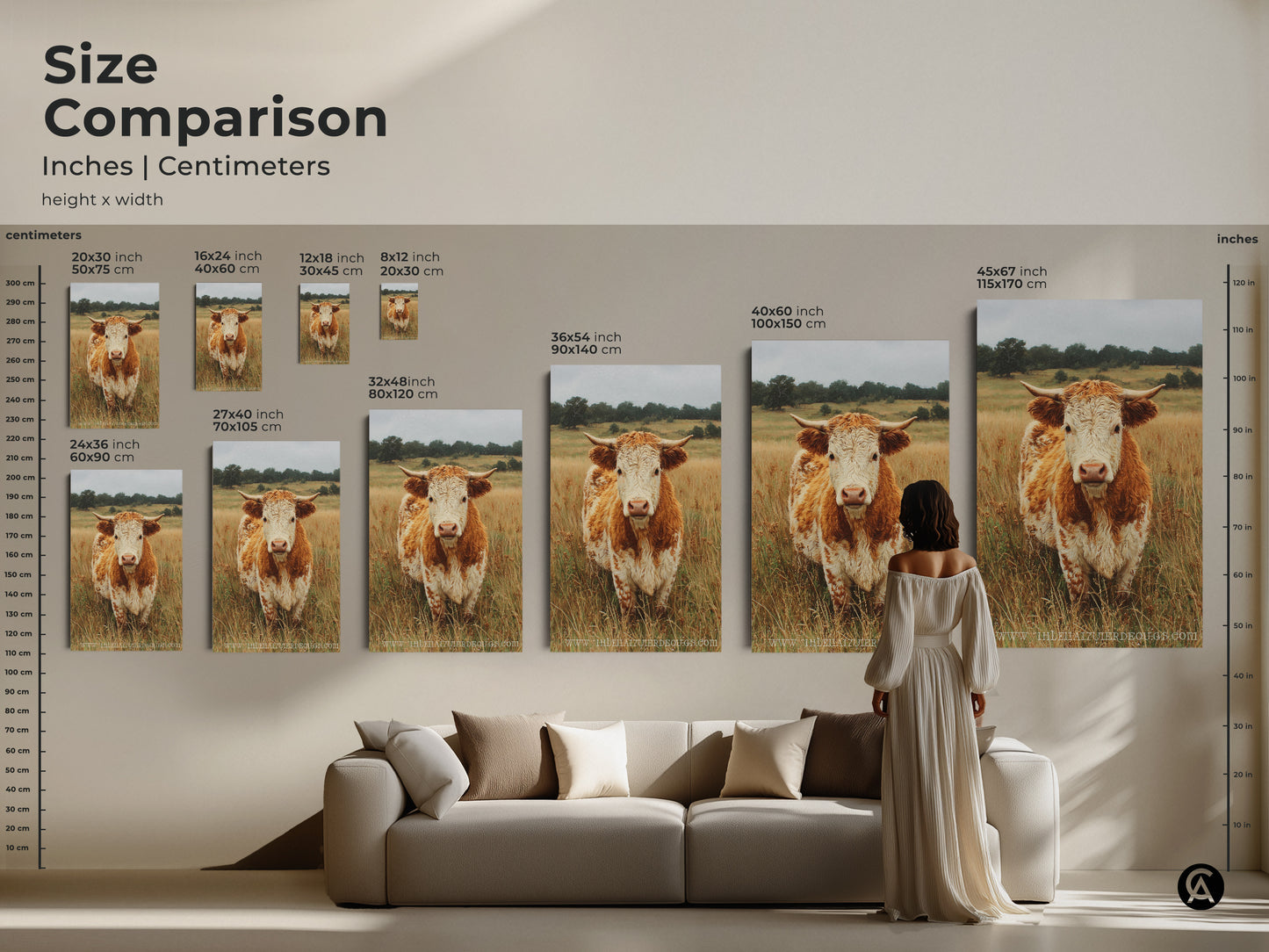This size comparison shows different sizes of cow portrait art in inches and centimeters. A woman stands near a sofa for scale. The artwork is available in canvas and poster prints. Find the perfect size for your space.
