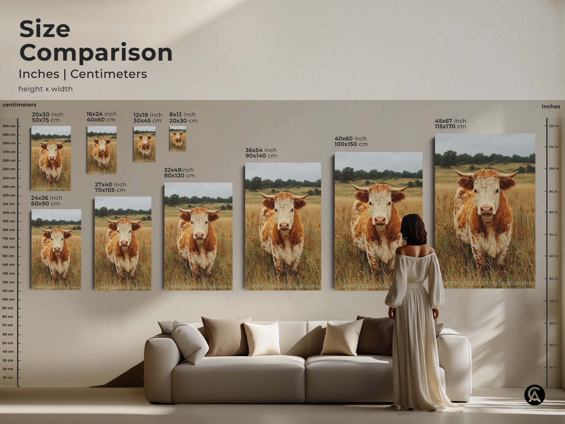 This size comparison shows different sizes of cow portrait art in inches and centimeters. A woman stands near a sofa for scale. The artwork is available in canvas and poster prints. Find the perfect size for your space.