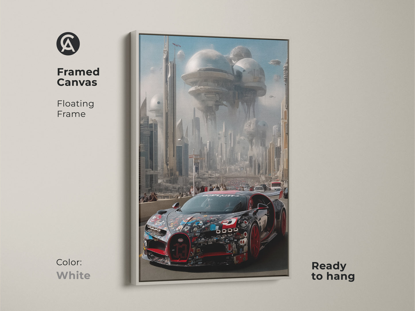 Framed in white this canvas print features a hypercar in a futuristic city. This digital artwork is ready to hang. The supercar is rendered in red and black colors. The F1 fan gift adds a modern touch to any room. Contemporary science fiction art for car enthusiasts.