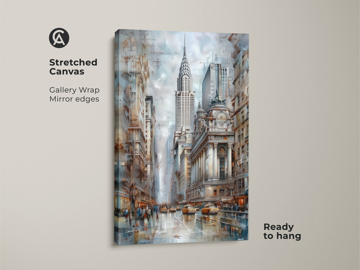 Stretched canvas showcasing a New York City skyline art print. The art features the iconic Chrysler Building. This contemporary cityscape wall art uses a blue and brown color palette. This gallery wrapped canvas is ready to hang.