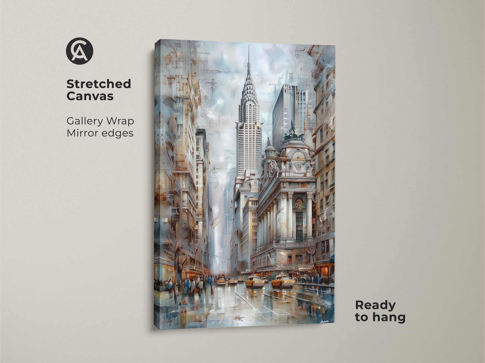 Stretched canvas showcasing a New York City skyline art print. The art features the iconic Chrysler Building. This contemporary cityscape wall art uses a blue and brown color palette. This gallery wrapped canvas is ready to hang.