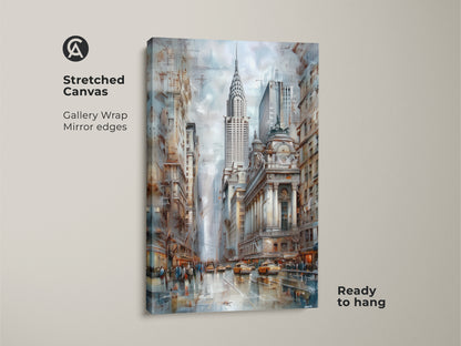 Stretched canvas showcasing a New York City skyline art print. The art features the iconic Chrysler Building. This contemporary cityscape wall art uses a blue and brown color palette. This gallery wrapped canvas is ready to hang.