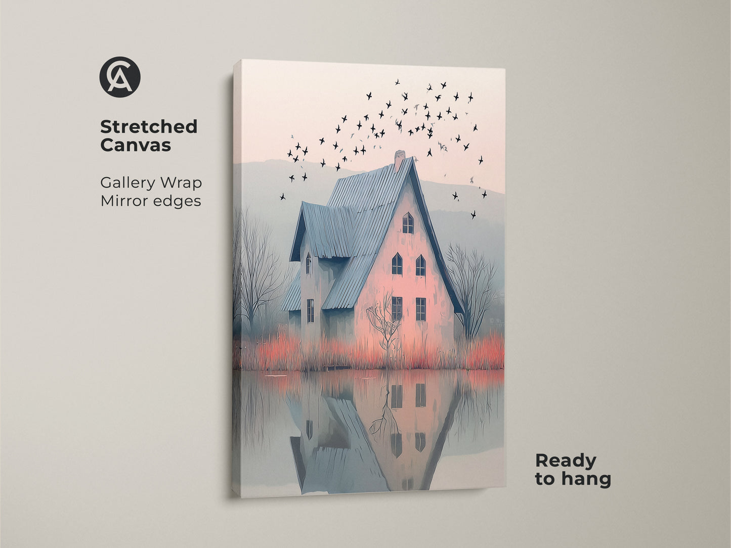 Stretched canvas print of a farmhouse scene. A blue roof house sits by a misty lake. Birds are flying above. Gallery wrapped with mirrored edges and ready to hang. Ideal cottagecore home decor.