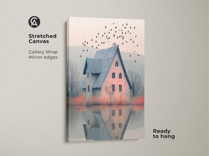Stretched canvas print of a farmhouse scene. A blue roof house sits by a misty lake. Birds are flying above. Gallery wrapped with mirrored edges and ready to hang. Ideal cottagecore home decor.