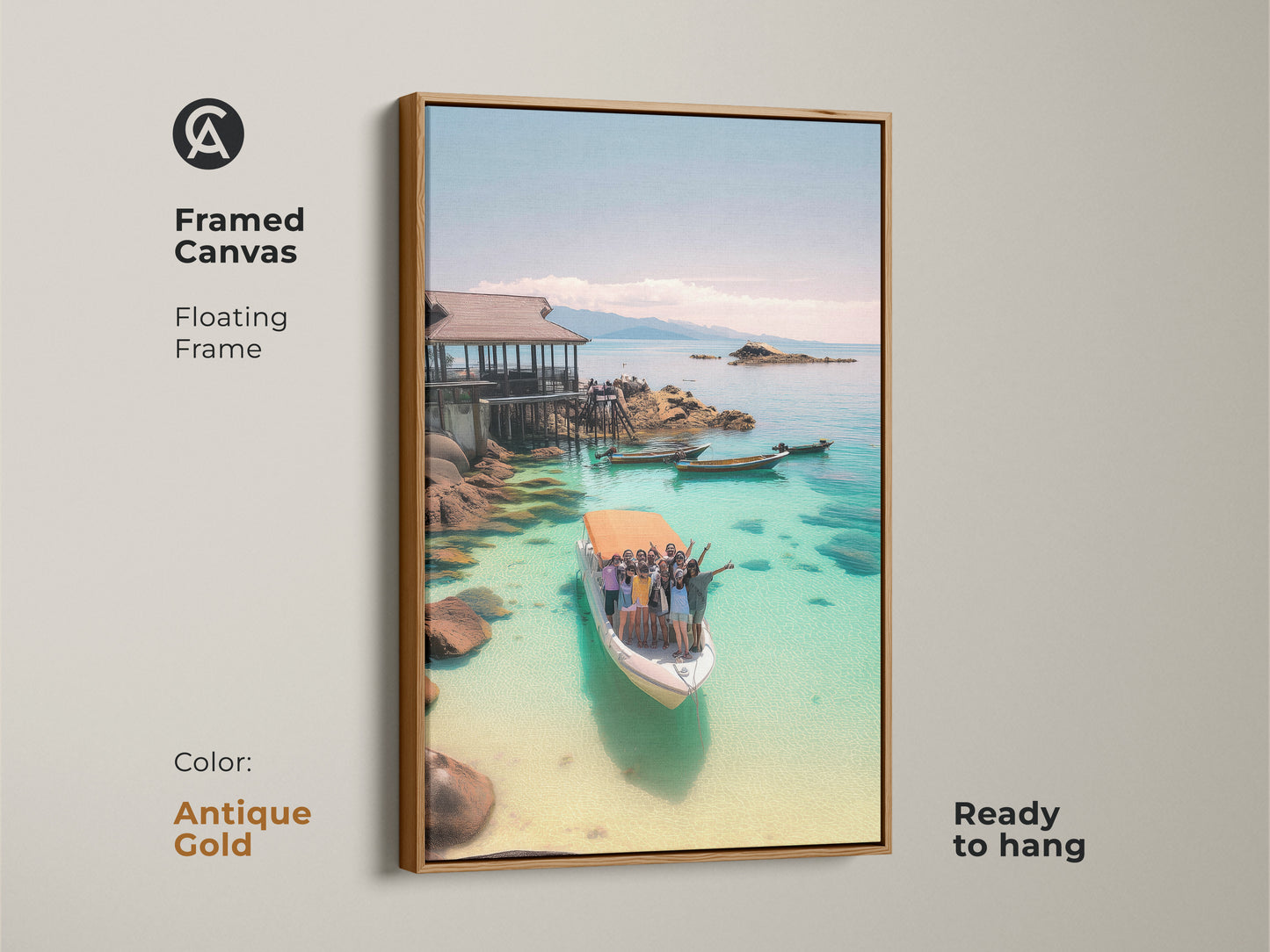 Framed Canvas with Antique Gold Floating Frame. Turquoise Ocean Boat Art Print. Ready to hang. The residential coastal decor art features a tropical vacation scene. The photography captures clear water and a boat trip.